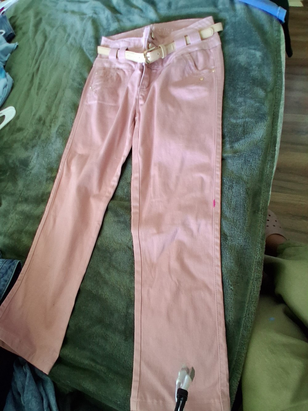 Classic Pink Boot-Cut Pants with Belt